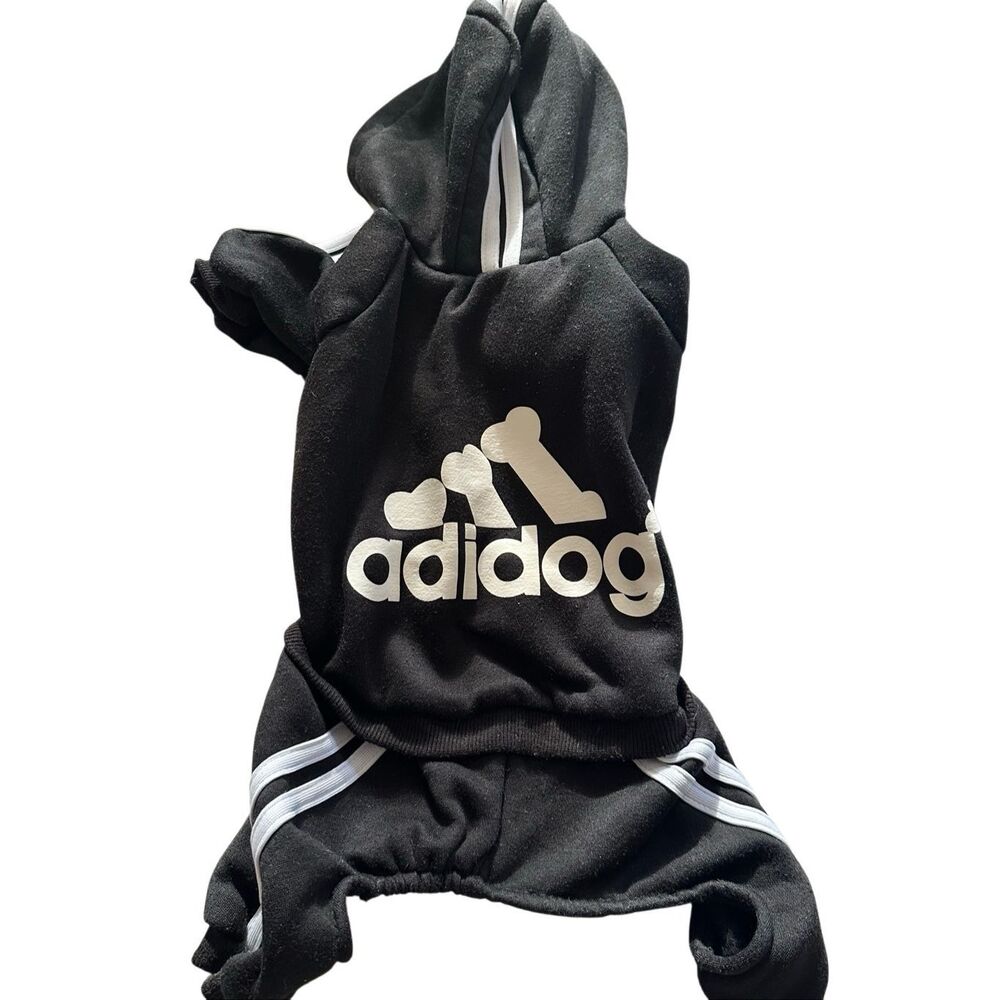 Adidog Sporty Pet Hoodie Tracksuit - Black/White 3-Stripe Dog Jumpsuit Size - Sm
